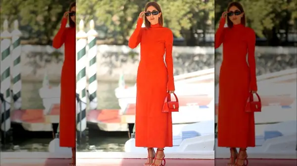 A woman in an all-red outfit 