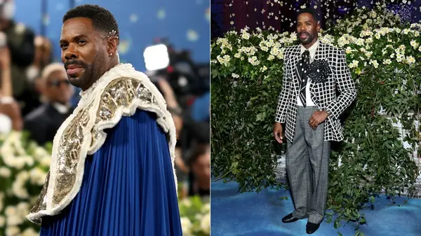 Colman Domingo on the red carpet in a blue robe and then a second picture in a black and white suit