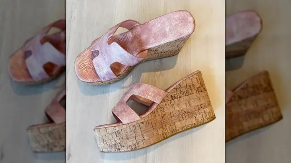 Cork wedge heels with metallic pink snakeskin straps