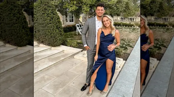 Brittany Mahomes posing with Patrick Mahomes