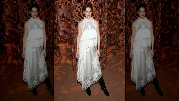 Katie Holmes in a white skirt and top in New York City