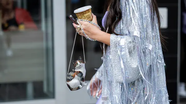 Woman carrying a cat purse 