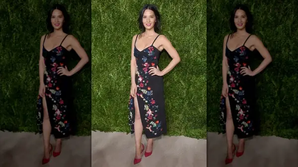 Olivia Munn posing with a hand on her hip while wearing a flower-embroidered gown