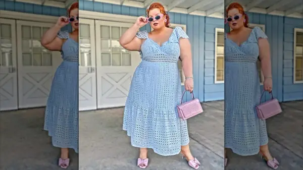 Woman in an eyelet dress