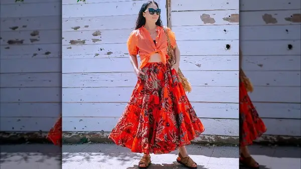 Woman in bold pattern full skirt