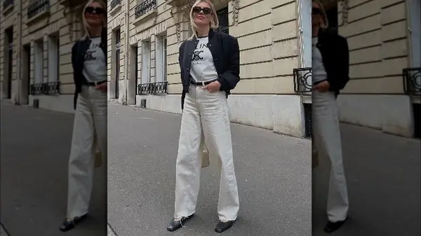 Split image of women in baggy denim and flat shoes