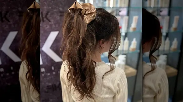 Woman with long ponytail and oversized scrunchie from the back