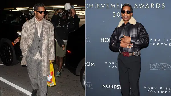 Split image of A$AP Rocky in a formal suit look and a leather jacket