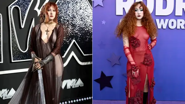 Split image of Chappell Roan at the VMAs and at the 