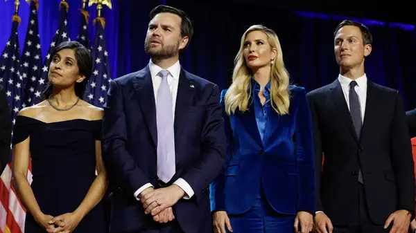 Ivanka Trump in a blue suit on election night with Jared Kushner and JD Vance and Usha Vance