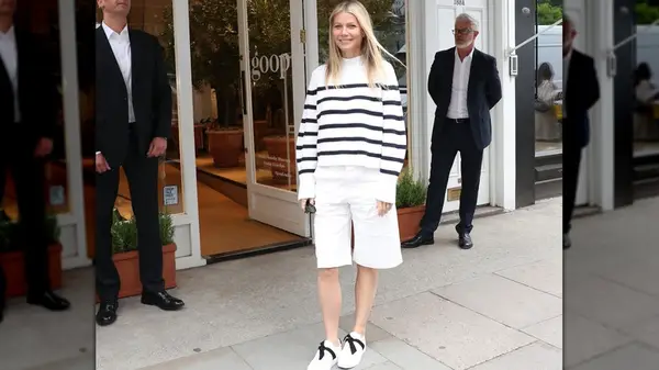 Gwyneth Paltrow in a white and black striped sweater
