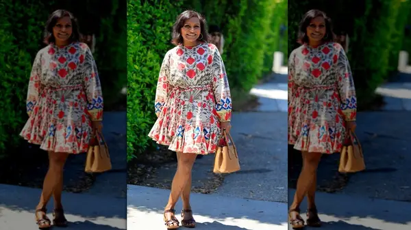Mindy Kaling in a printed dress