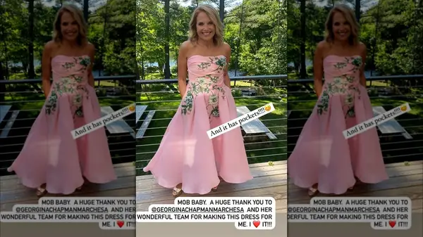 Katie Couric in a pink strapless dress