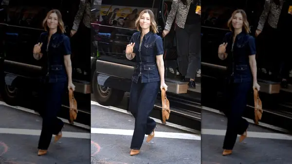 Jessica Biel on the sidewalk wearing a tailored, denim-on-denim look
