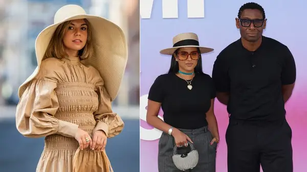 Amelie Stanescu in a large floppy hat in 2021; Sabina Emrit Harper poses in straw boater hat next to David Harewood to the V&A Summer Party in 2024