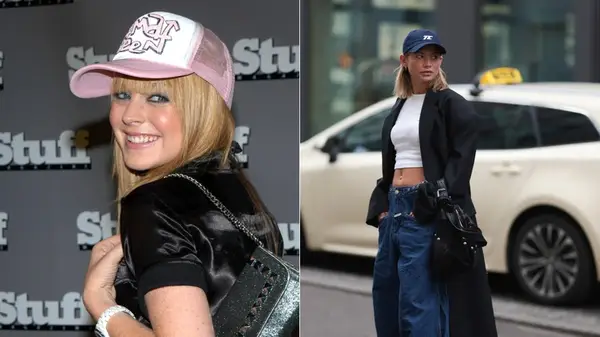 Lindsay Lohan wearing pink and white trucker hat to MTV Video Music Awards in 2003; Sophie Geiss wearing a navy baseball cap in 2025