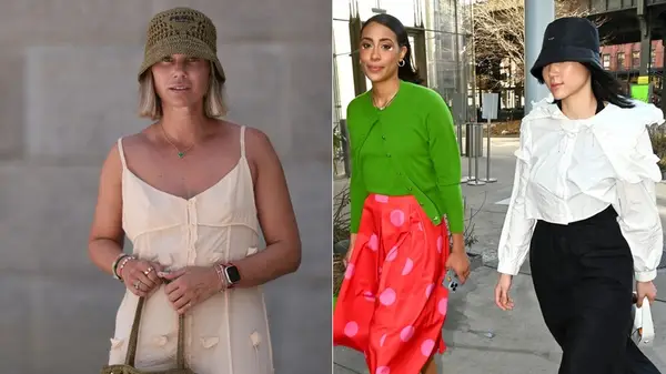 Woman wears floppy crochet bucket hat; A woman wears a black structured bucket hat