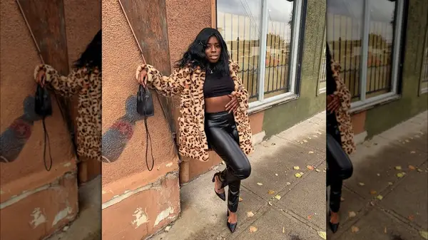 Outfit featuring vinyl leggings paired with animal print jacket 