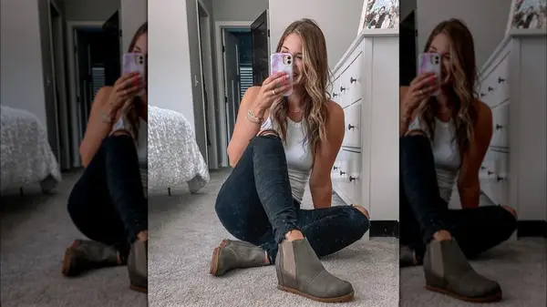 Woman wearing wedge boots