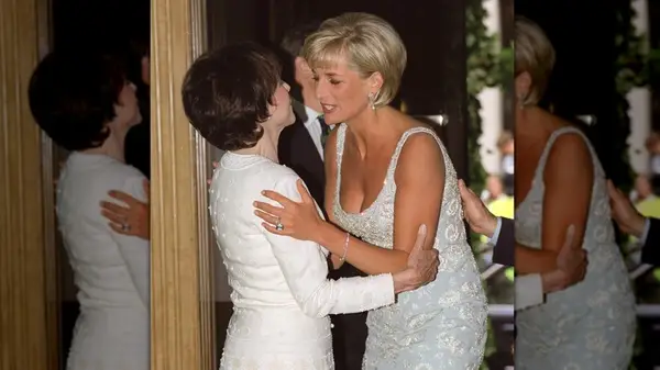 Diana, Princess of Wales, wears a diamond tennis bracelet at a Christie