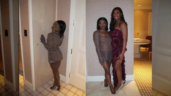 Split image of Simone Biles posing alone and with her sister Adria while wearing a sparkly, skin-toned mini-dress