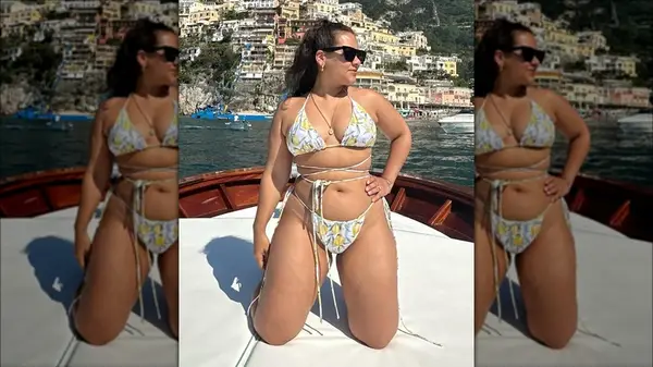 A woman in a lemon print bikini