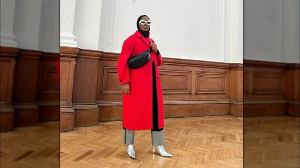 woman in bright red coat
