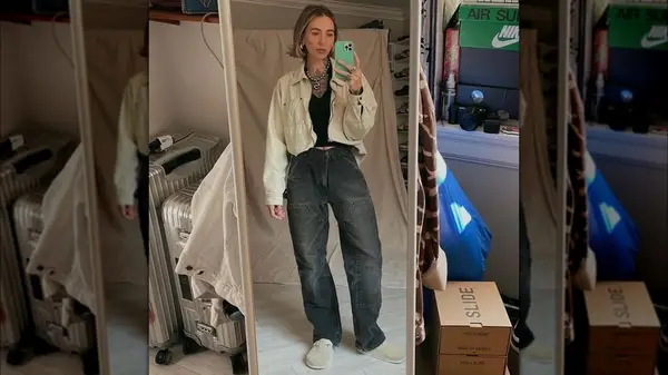 woman in casual utilitarian clothes