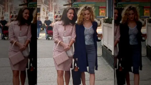 Charlotte and Carrie walking down the street in Sex and the City
