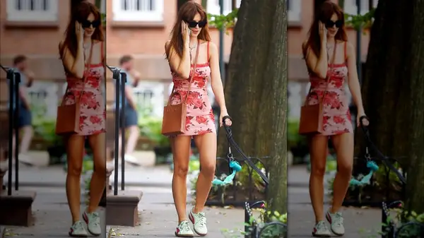 Woman wearing dress and sneakers