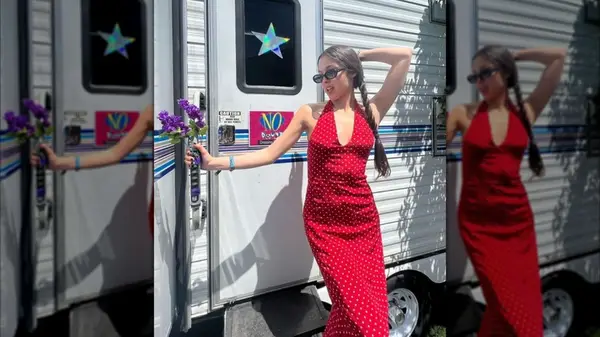 Olivia Rodrigo wears tomato red polka dot dress backstage at Coachella