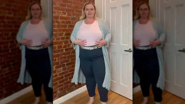 Woman in long cardigan