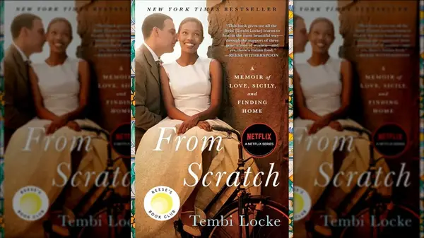 The cover of From Scratch, featuring a woman smiling while a man hugs her