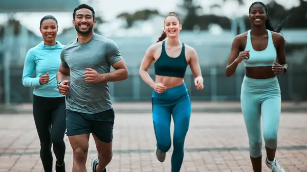 group of friends running