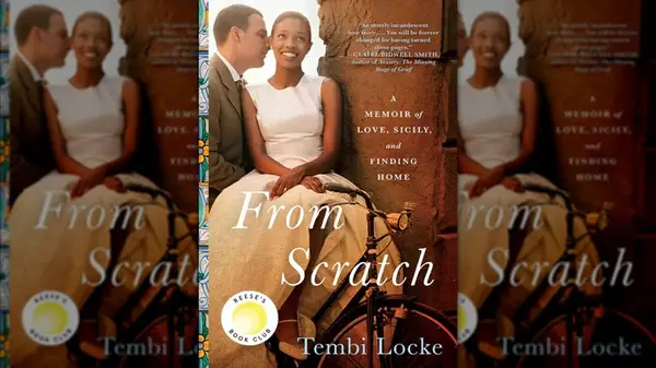 The cover of From Scratch, featuring a woman smiling while a man hugs her