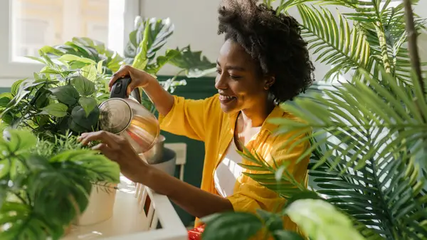 Woman watering her houseplants