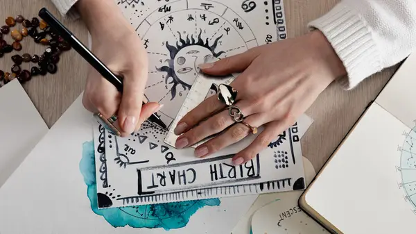 Person drawing astrological birth chart