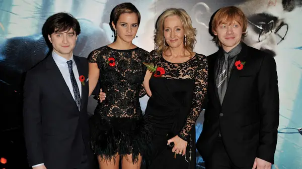 The cast of Harry Potter with J.K. Rowling