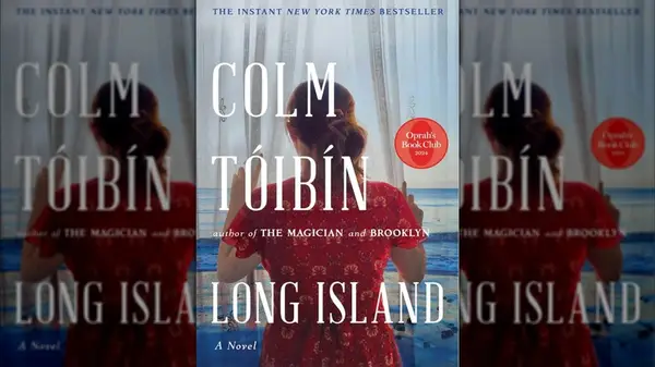The cover of the book Long Island featuring a woman in a red dress looking out the window