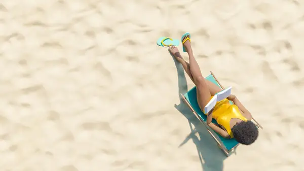 A woman reading on the beach in a yellow bathing suit with flip flops