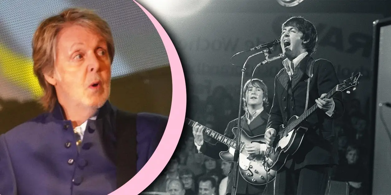 Paul McCartney cantando con los miembros de la banda The Beatles