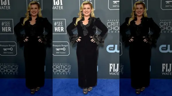 Kelly Clarkson on the red carpet in a black velvet gown