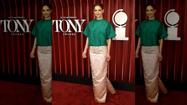 Katie Holmes at the 2025 Tony Awards in a green top and pink skirt