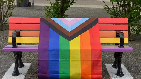 Flag with six colored stripes features two large feathers in the center with a circle behind them