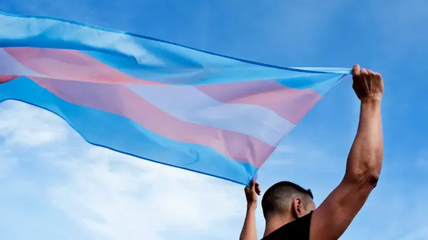 Person holding a trans flag