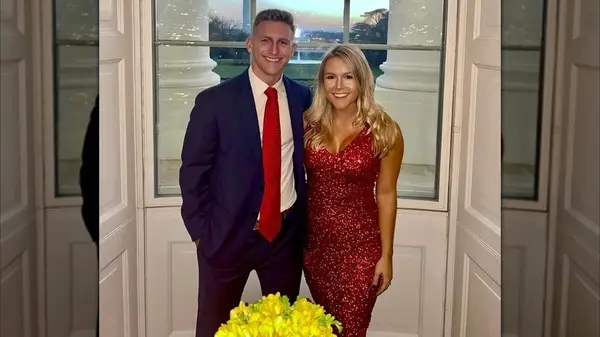 Karoline Leavitt in a red, sequin dress