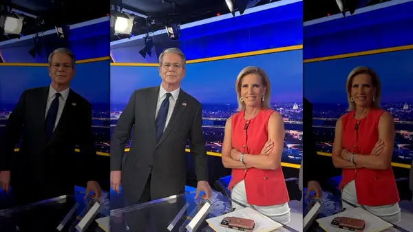 Laura Ingraham poses for a photo with the Treasury Secretary, Scott Bessent