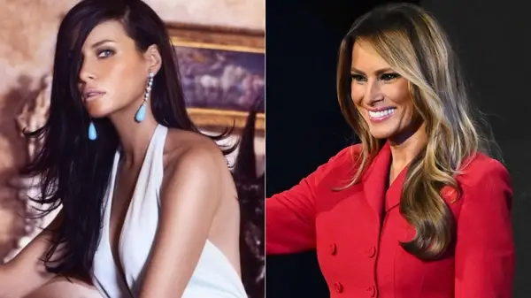 Two photos of Melania Trump, one from a Facebook fan page of her with brown hair and one of her with lots of highlights