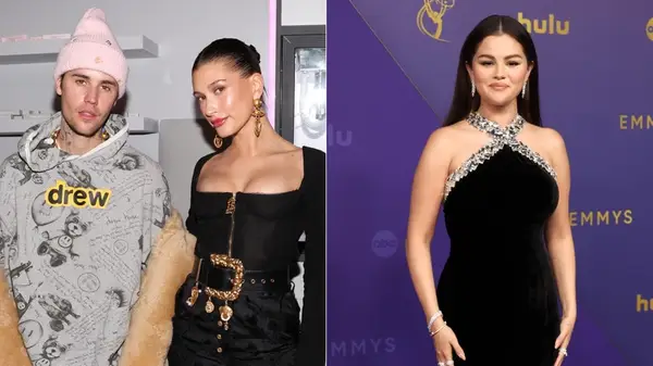 Justin Bieber, Hailey Bieber, and Selena Gomez side by side photo
