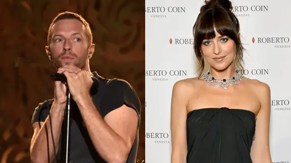 Chris Martin and Dakota Johnson side by side photos